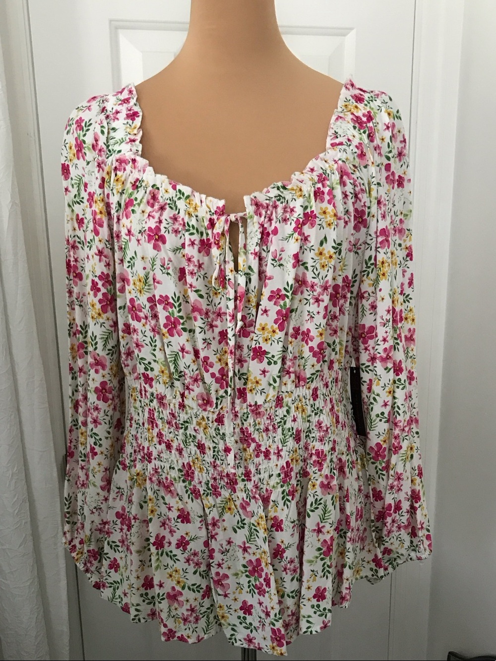 Floral Peasant Blouse - White with Pink & Yellow Flowers